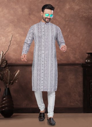 Congenial Off White and Purple Rayon Kurta Mens Wear with Digital Print and Embroidered Work