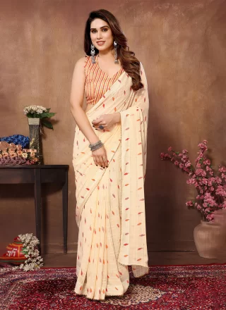 Conspicuous Cream Georgette Trendy Saree with Print Work