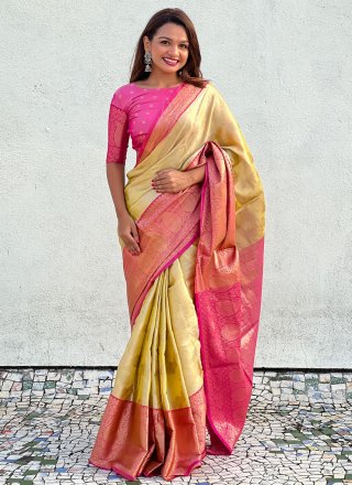 Conspicuous Yellow Silk Designer Saree with Woven Work