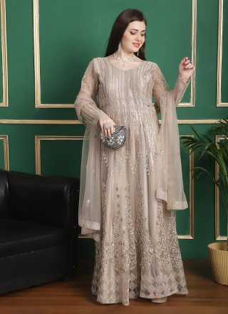 Cord, Crystals and Resham Thread Work Net Salwar Suit In Brown for Engagement