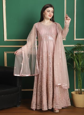 Cord, Crystals and Resham Thread Work Net Trendy Suit In Peach for Engagement