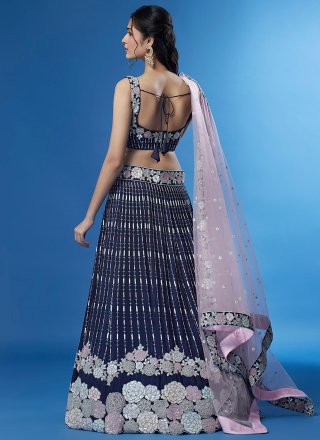 Cord, Cut, Embroidered, Sequins and Thread Work Georgette A - Line Lehenga Choli In Blue