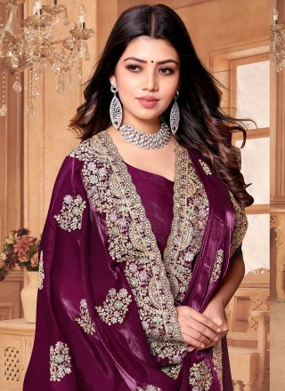 Cord, Diamond and Embroidered Work Crepe Silk Contemporary Saree In Wine for Party