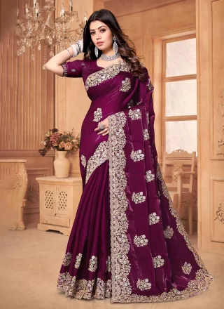 Cord, Diamond and Embroidered Work Crepe Silk Contemporary Saree In Wine for Party