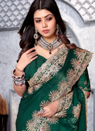 Cord, Diamond and Embroidered Work Crepe Silk Trendy Saree In Green