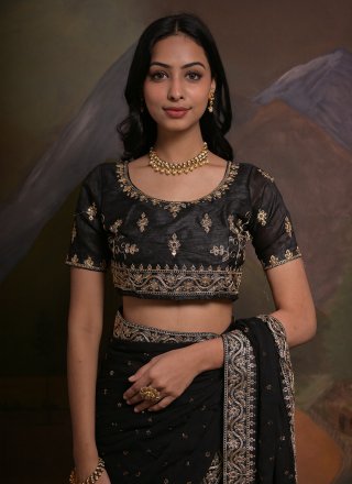 Cord, Embroidered and Sequins Work Georgette Classic Sari In Black