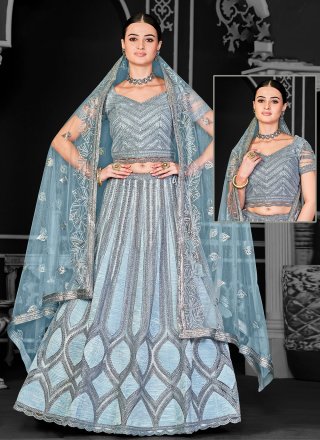 Cord, Embroidered and Sequins Work Net A - Line Lehenga Choli In Aqua Blue for Mehndi