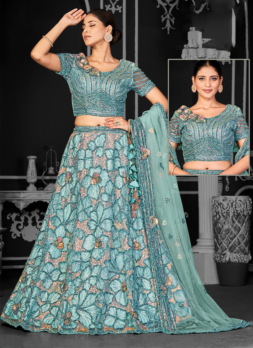 Buy Online Cord, Embroidered and Sequins Work Net Lehenga Choli In