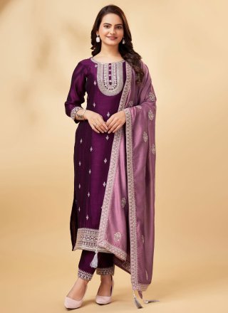 Cord, Embroidered and Sequins Work Vichitra Silk Salwar Suit In Purple for Ceremonial