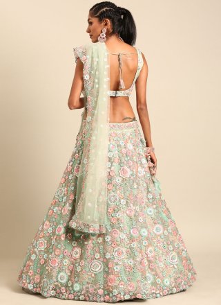 Cord, Embroidered, Mirror, Sequins and Thread Work Net Lehenga Choli In Green for Ceremonial