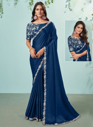 Cord, Embroidered, Moti and Sequins Work Crepe Silk Contemporary Sari In Blue for Engagement