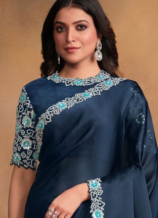 Cord, Embroidered, Moti and Sequins Work Georgette Contemporary Sari In Blue for Ceremonial