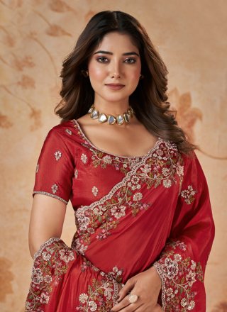 Cord, Embroidered, Sequins and Stone Work Uppada Silk Trendy Saree In Red