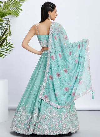 Cord, Embroidered, Sequins and Thread Work Chiffon Lehenga Choli In Turquoise