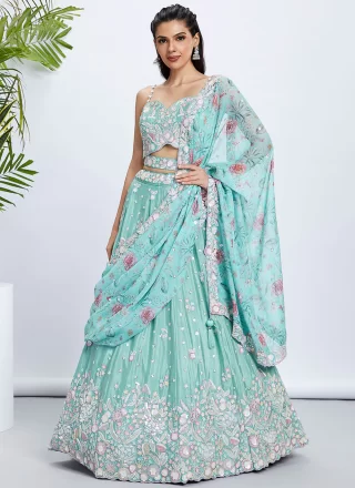 Cord, Embroidered, Sequins and Thread Work Chiffon Lehenga Choli In Turquoise