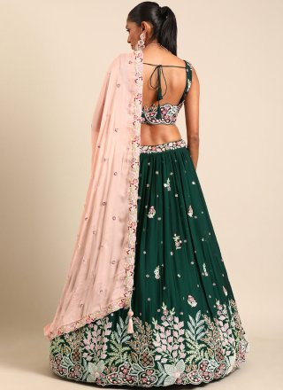 Cord, Embroidered, Sequins and Thread Work Georgette A - Line Lehenga Choli In Green for Ceremonial
