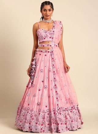 Cord, Embroidered, Sequins and Thread Work Georgette A - Line Lehenga Choli In Pink