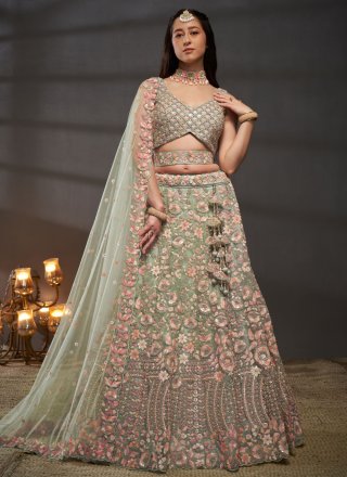 Cord, Embroidered, Sequins and Thread Work Net Lehenga Choli In Sea Green