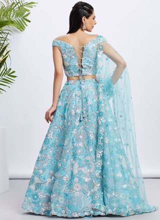 Cord, Embroidered, Sequins and Thread Work Organza A - Line Lehenga Choli In Firozi for Engagement
