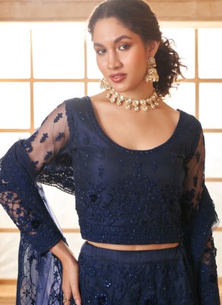 Cord, Floral Patch, Stone and Thread Work Net Lehenga Choli In Blue
