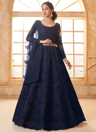 Cord, Floral Patch, Stone and Thread Work Net Lehenga Choli In Blue