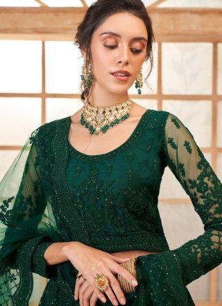 Cord, Floral Patch, Stone and Thread Work Net Lehenga Choli In Green