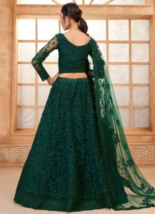 Cord, Floral Patch, Stone and Thread Work Net Lehenga Choli In Green