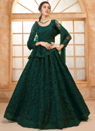 Cord, Floral Patch, Stone and Thread Work Net Lehenga Choli In Green