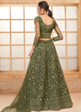 Cord, Floral Patch, Stone and Thread Work Net Lehenga Choli In Green for Engagement