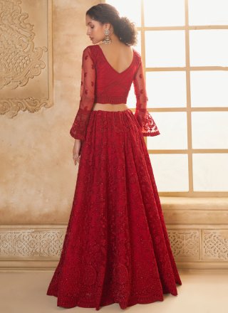 Cord, Floral Patch, Stone and Thread Work Net Lehenga Choli In Red
