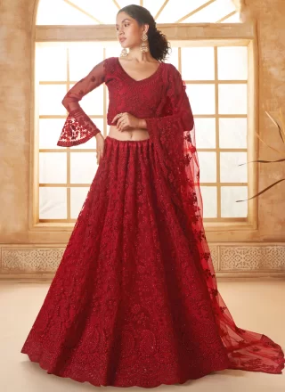 Cord, Floral Patch, Stone and Thread Work Net Lehenga Choli In Red