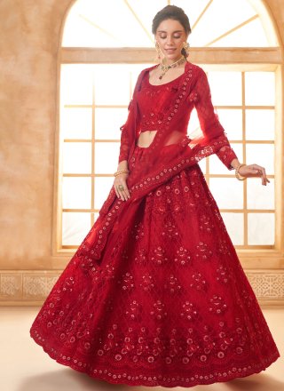 Cord, Floral Patch, Stone and Thread Work Net Lehenga Choli In Red