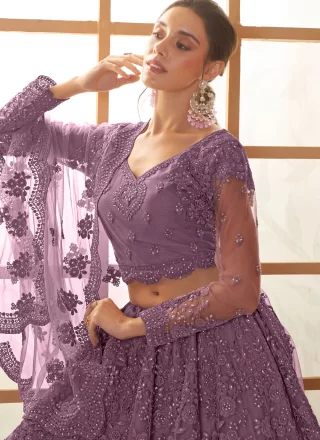 Cord, Floral Patch, Stone and Thread Work Net Lehenga Choli In Violet for Engagement