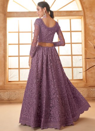 Cord, Floral Patch, Stone and Thread Work Net Lehenga Choli In Violet for Engagement