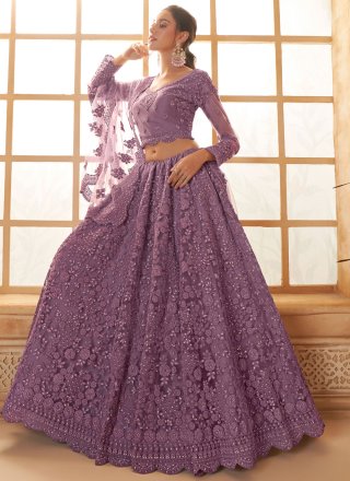 Cord, Floral Patch, Stone and Thread Work Net Lehenga Choli In Violet for Engagement