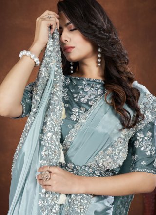 Cord, Moti, Sequins, Stone and Thread Work Crepe Silk Trendy Saree In Turquoise