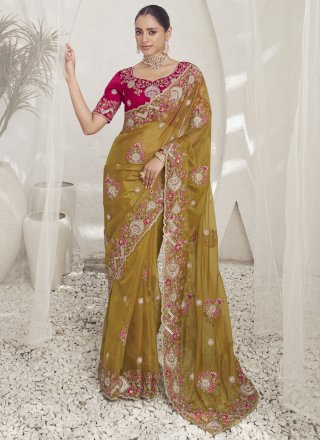 Cord, Sequins and Thread Work Fancy Fabric Trendy Saree In Mustard