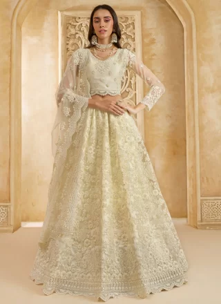 Cord, Stone and Thread Work Net Lehenga Choli In Cream