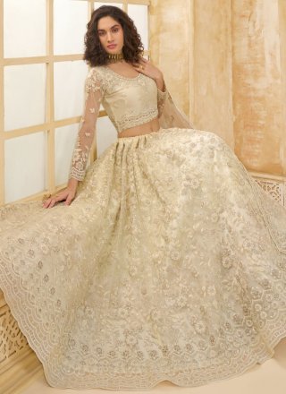 Cord, Stone and Thread Work Net Lehenga Choli In Cream for Engagement