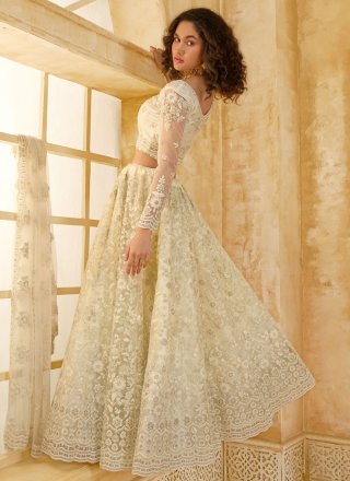 Cord, Stone and Thread Work Net Lehenga Choli In Cream for Engagement