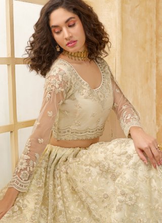 Cord, Stone and Thread Work Net Lehenga Choli In Cream for Engagement
