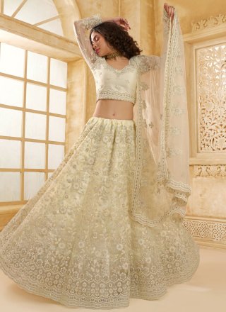 Cord, Stone and Thread Work Net Lehenga Choli In Cream for Engagement