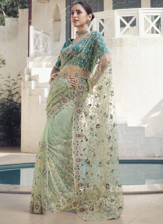 Cord, Thread and Zari Work Net Contemporary Sari In Sea Green for Ceremonial