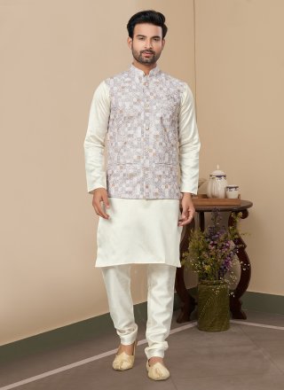 Cotton Kurta Payjama with Jacket In Beige and Off White