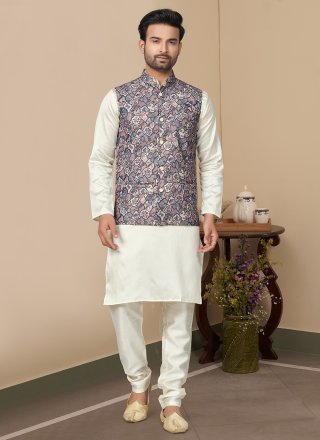 Cotton Kurta Payjama with Jacket In Multi Colour and Off White