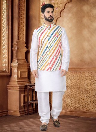 Cotton Kurta Payjama with Jacket In Multi Colour and White