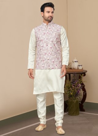 Cotton Kurta Payjama with Jacket In Off White and Purple