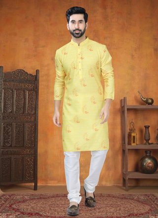 Cotton Kurta Pyjama In Yellow