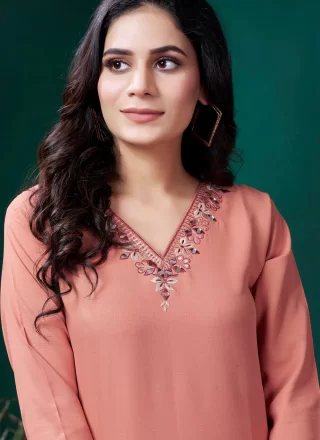 Cotton Party Wear Kurti In Peach