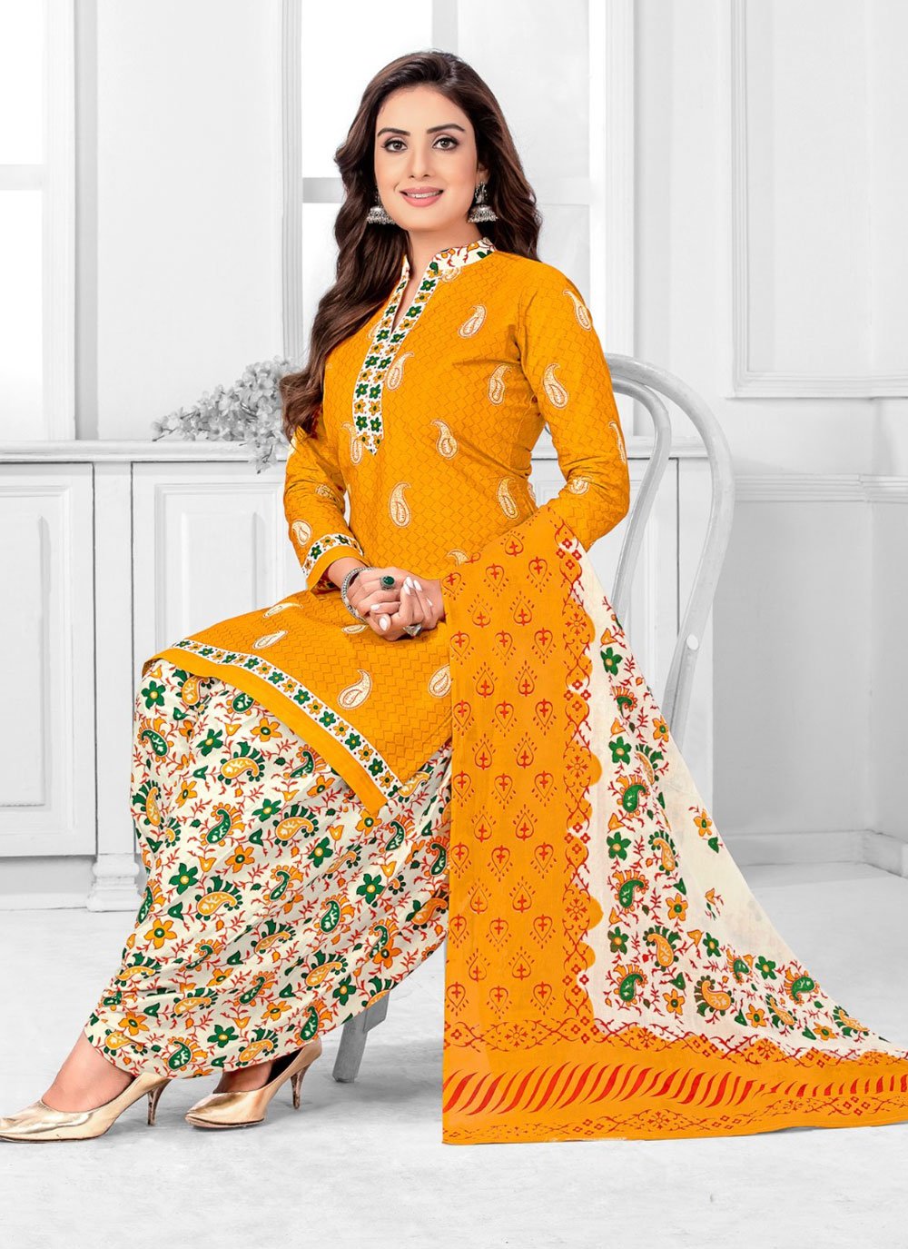 Buy Cotton Punjabi Salwar Suit In Yellow Online